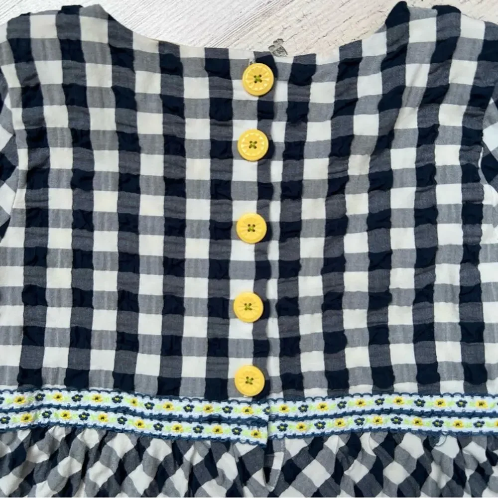 Matilda Jane Dress Girls 8 Navy Gingham Floral Long Sleeve Ruffle Cottagecore